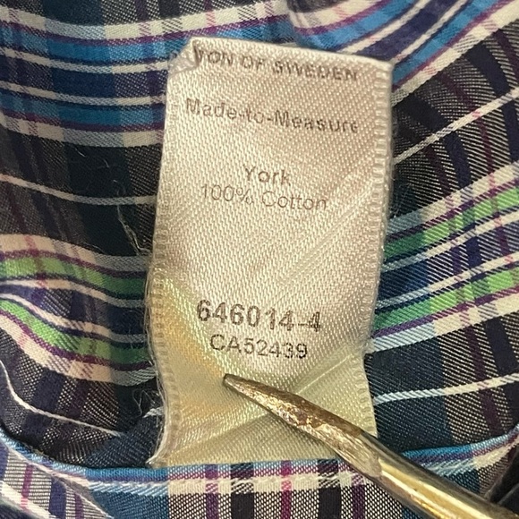 Eton Shirt Mens 43 17 Blue Purple Green Plaid Button‎ Down York 100% Cotton - Picture 8 of 10
